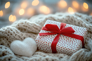 A cozy and romantic setting of a gift box wrapped in polka dot paper with a red ribbon on blanket