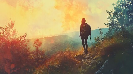 Fototapeta premium Woman hiker on mountaintop at sunset, enjoying scenic view.