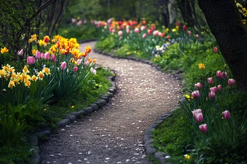 Beautiful Flower Pathway Through Colorful Garden in Springtime
