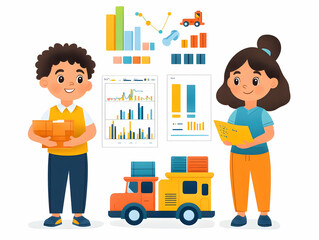 Kids Coordinate Toy Deliveries with Charts and Trucks in Flat Vector Illustration