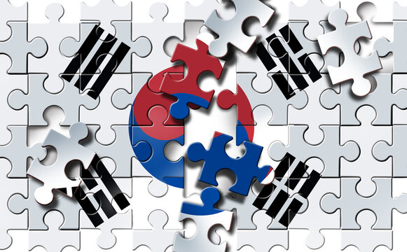 South Korea Crisis and Korean Political Chaos and turmoil in Seoul symbol of security challenges and democracy as a broken puzzle.