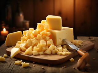 Fantastic cutting cheese with a knife on a chopping board