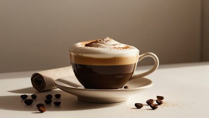 A cup of richly textured cappuccino, set against a clean, minimalist backdrop, with a delicate balance of creamy foam and dark espresso, topped with cinnamon or cocoa powder, in a sleek, curved cerami