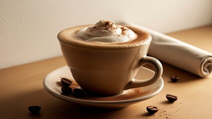 A cup of richly textured cappuccino, set against a clean, minimalist backdrop, with a delicate balance of creamy foam and dark espresso, topped with cinnamon or cocoa powder, in a sleek, curved cerami
