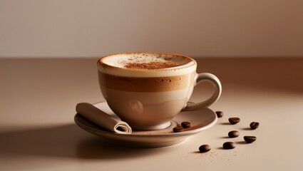 A cup of richly textured cappuccino, set against a clean, minimalist backdrop, with a delicate balance of creamy foam and dark espresso, topped with cinnamon or cocoa powder, in a sleek, curved cerami