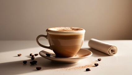 A cup of richly textured cappuccino, set against a clean, minimalist backdrop, with a delicate balance of creamy foam and dark espresso, topped with cinnamon or cocoa powder, in a sleek, curved cerami