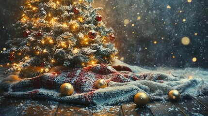 Merry Christmas! A stunning Christmas backdrop features a decorative Christmas tree resting upon a rustic wooden surface, its boughs adorned with twinkling lights and sparkling ornaments