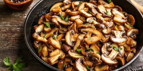 Fototapeta premium A round skillet filled with sliced mushrooms and Chinese cabbage, prepared to be fried as a delicious side dish for breakfast, highlighting the flavors of mushrooms and Chinese cabbage.