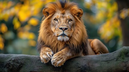 Majestic lion resting on a log surrounded by autumn foliage in a natural habitat