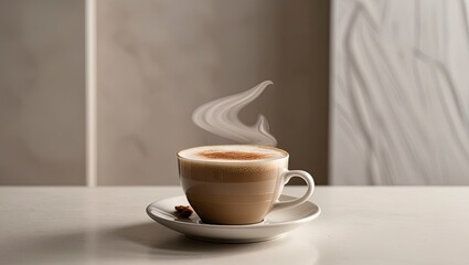 Obraz premium a cup of expertly prepared cappuccino, topped with a smooth layer of steamed milk and a sprinkling of cinnamon or cocoa powder, set against a clean, modern, minimalist backdrop with a smooth texture, 