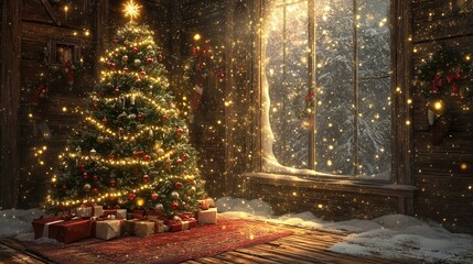 Merry Christmas! A stunning Christmas backdrop features a decorative Christmas tree resting upon a rustic wooden surface, its boughs adorned with twinkling lights and sparkling ornaments
