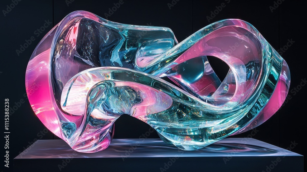 Poster dynamic transparent glossy curves of material in abstract artistic sculpture with vibrant colors