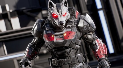 Cybernetic Wolf Warrior: A futuristic depiction of a powerful wolf-headed warrior in advanced combat armor.
