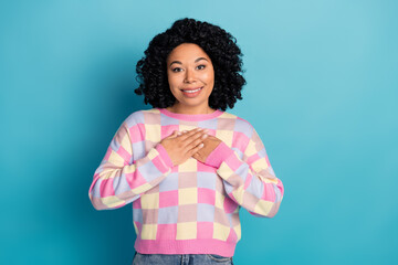 Photo portrait of lovely young lady touch chest grateful dressed stylish pink plaid garment...