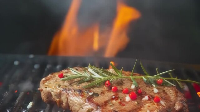 video of grilled meat is cooking meat over aon hot surface, imparting a smoky flavor and distinctive char marks. Concept of with outdoor cooking, barbecues.