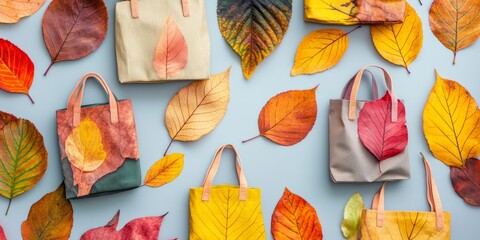Eco bags featuring a pattern of autumn leaves create a vibrant fall composition. This flat lay and top view showcase eco bags adorned with colorful autumn leaves, inviting creativity and seasonal