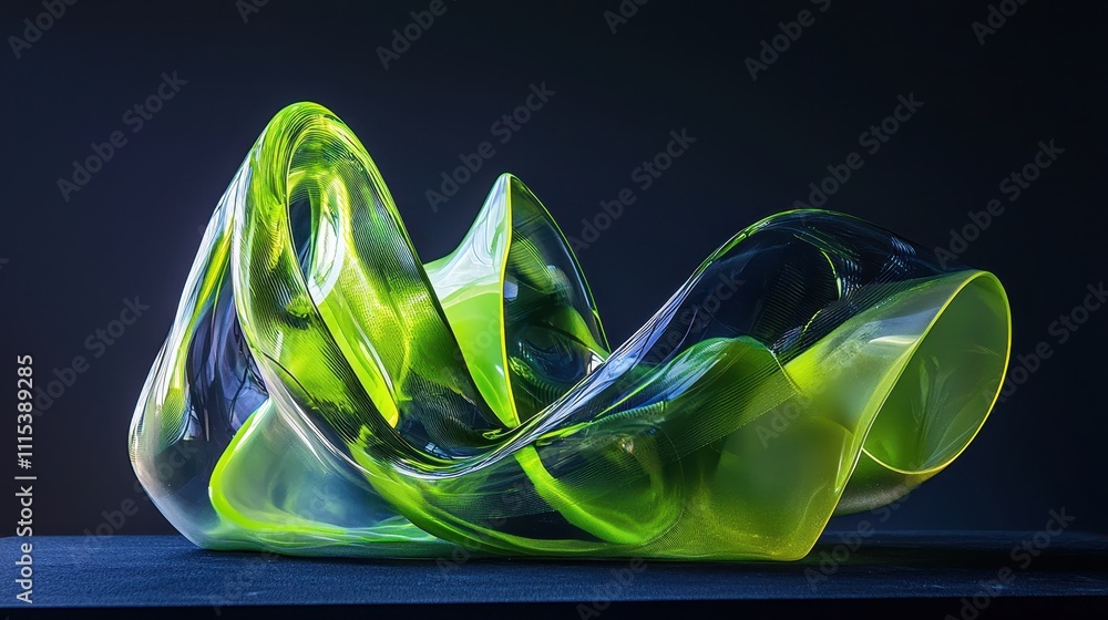 Poster dynamic transparent glossy material with fluid curves in an artistic display