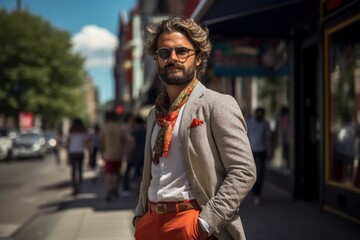 Fototapeta premium A man wearing a suit and orange pants stands on a sidewalk