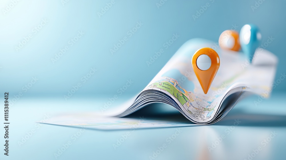 Poster folded map with colorful location pins on soft blue background