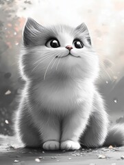 A cute white cat with big eyes is sitting on the ground