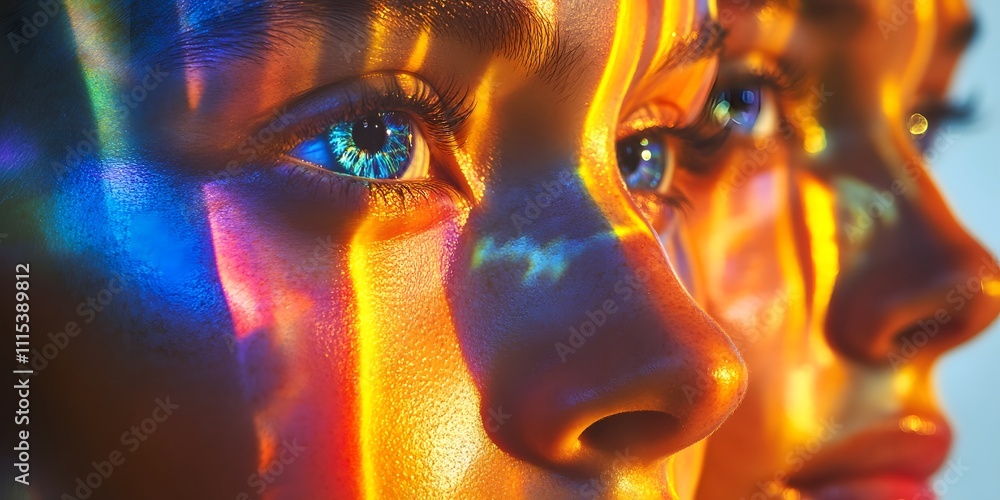 Aufkleber closeup of two face with vibrant light reflection and multicolored pattern