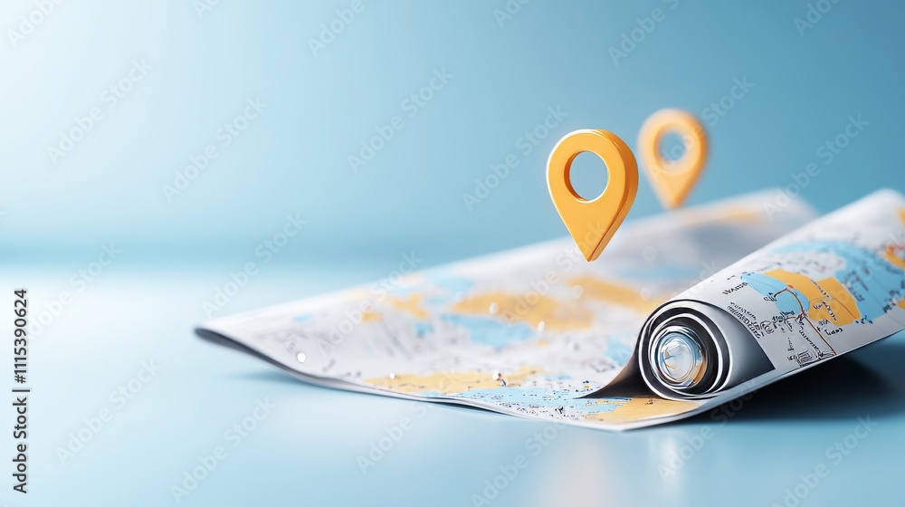 Poster folded map with location pins and a blank 3d design element