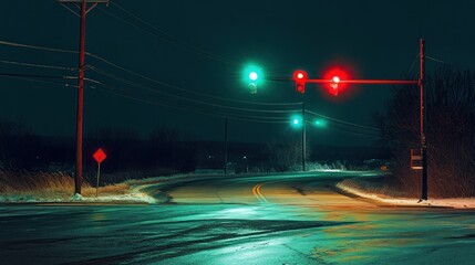 Night road intersection with traffic lights, snow, and dark trees.