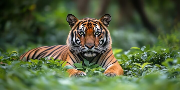 Bengal tiger resting gracefully among lush green bushes, showcasing the beauty and elegance of the Bengal tiger in its natural habitat, surrounded by vibrant foliage and tranquility.