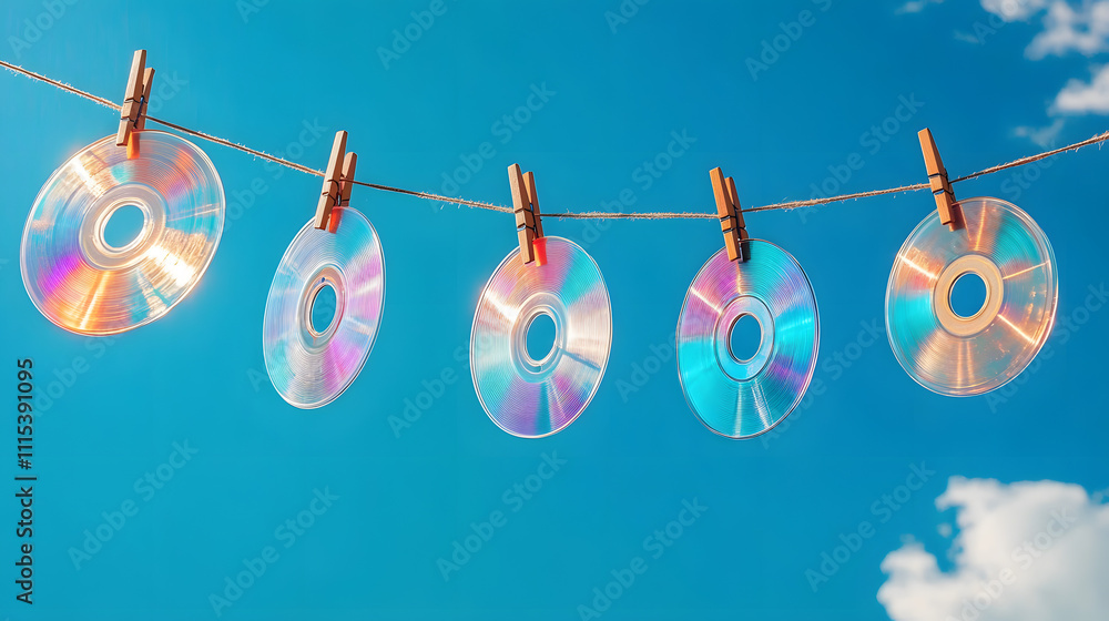 Poster translucent cds hanging with clothespins on a string, reflecting colorful light patterns, set agains