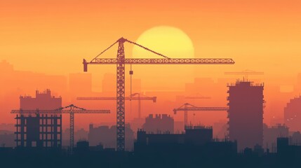 Sunset Cityscape Construction Cranes Buildings Skyline