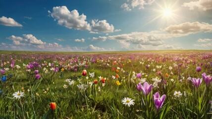 Obraz premium Spring background, wide meadow concept with foreground flowers, sunlight and blue sky