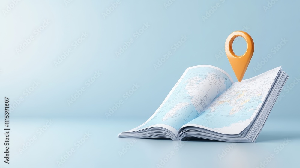 Poster 3d folded map with location pin on soft blue background