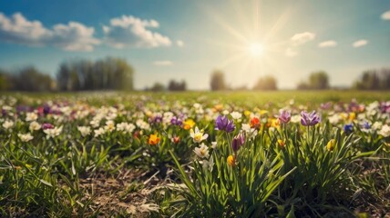 Obraz premium Spring background, wide meadow concept with foreground flowers, sunlight and blue sky