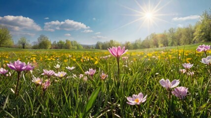 Obraz premium Spring background, wide meadow concept with foreground flowers, sunlight and blue sky