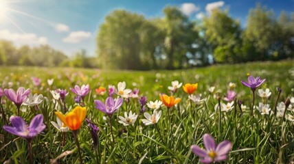 Obraz premium Spring background, wide meadow concept with foreground flowers, sunlight and blue sky