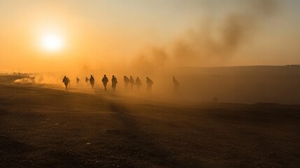 Silhouetted figures walking through desert dust at sunset.