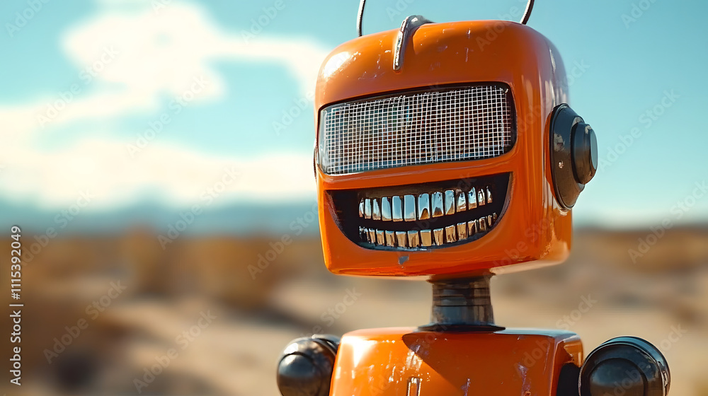 Poster an orange robot with a grid-patterned digital face is pictured smiling grandly against a blurred sun