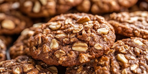 Obraz premium Closeup view of delicious molasses oatmeal cookies featuring nuts. These tasty molasses oatmeal cookies are perfect for snacks or dessert, showcasing the rich texture and flavor of molasses.