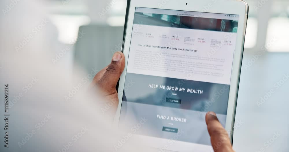 Poster person, hands and research with tablet screen for stock market, trading or web browser at office. cl
