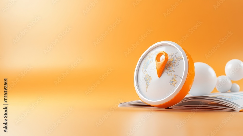 Poster 3d model of folded map with location pin on orange background