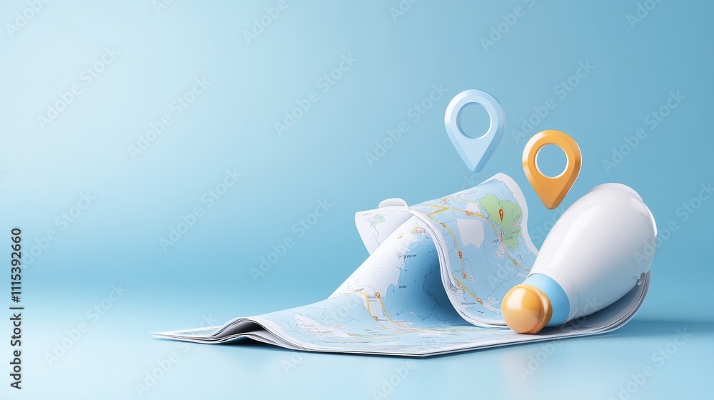 Poster 3d render of folded map with location pins on blue background