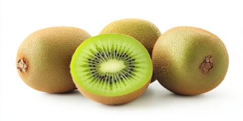 Fototapeta premium Fresh ripe kiwi fruits displayed against a white background, showcasing the vibrant green flesh and unique texture of ripe kiwi fruits, perfect for highlighting healthy eating and natural flavors.