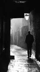 A solitary figure walks through a rain-soaked alleyway in silhouette.