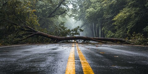 Fallen tree obstructs the road following a rainstorm, creating a barrier with the collapsed tree lying across the wet road. The fallen tree blocks passage and alters the landscape of the roadway.