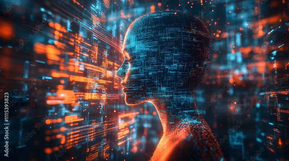 Aufkleber digital human profile formed by glowing particles, data streams, and neural patterns against a dark 