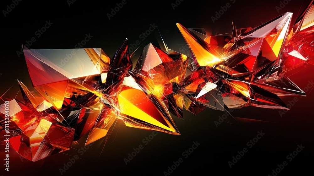 Poster floating crystalline shapes with sharp edges and vibrant colors in abstract background