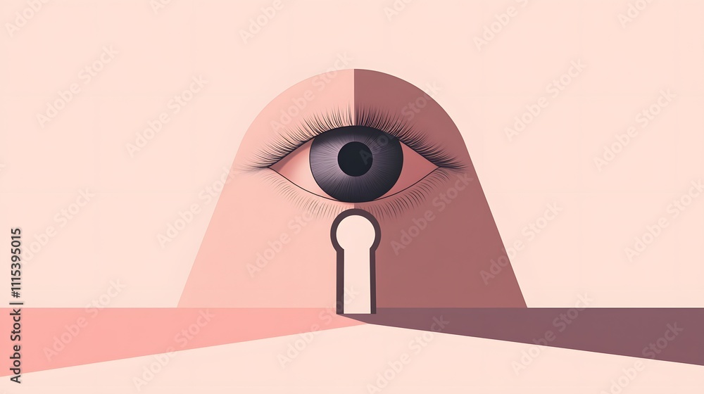 Poster minimalist digital artwork featuring an eye framed by a keyhole with soft color and clean abstract l