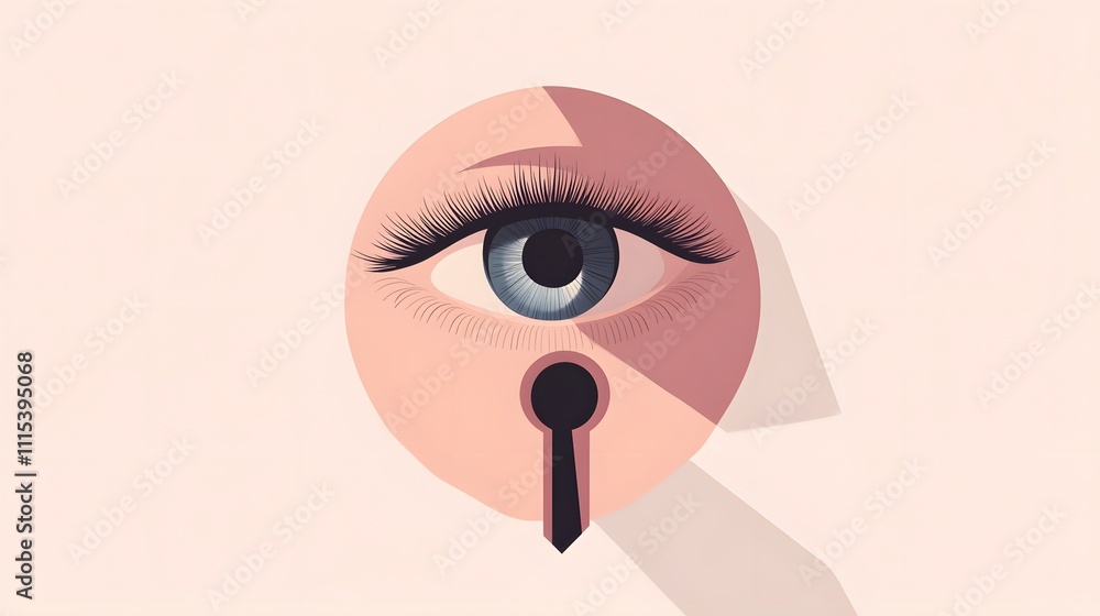 Poster minimalist digital artwork featuring an eye framed by a keyhole with soft color and clean abstract l