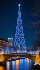 Majestic blue Christmas tree illuminates the winter night beside the glistening canal in a bustling city. Generative AI