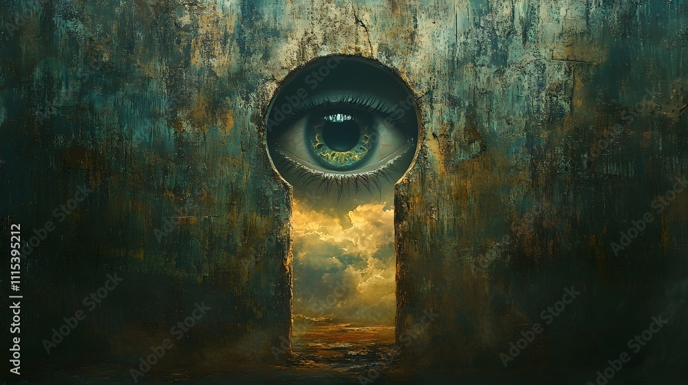 Poster glowing futuristic digital eye peeking through a rustic keyhole with intricate abstract detail and a